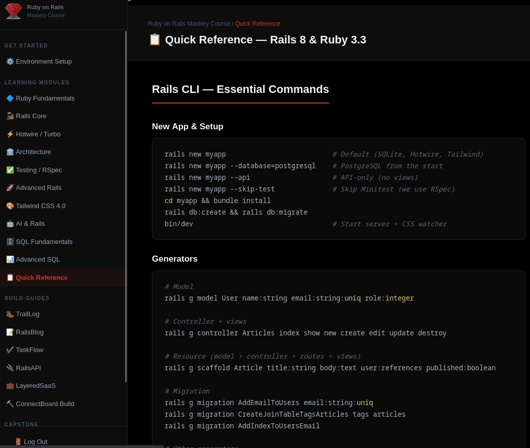 Quick Reference page showing the Rails CLI Essential Commands section with new app setup commands including rails new with postgresql, api, and skip-test flags, all generators for models, controllers, scaffolds, and migrations with inline explanation comments