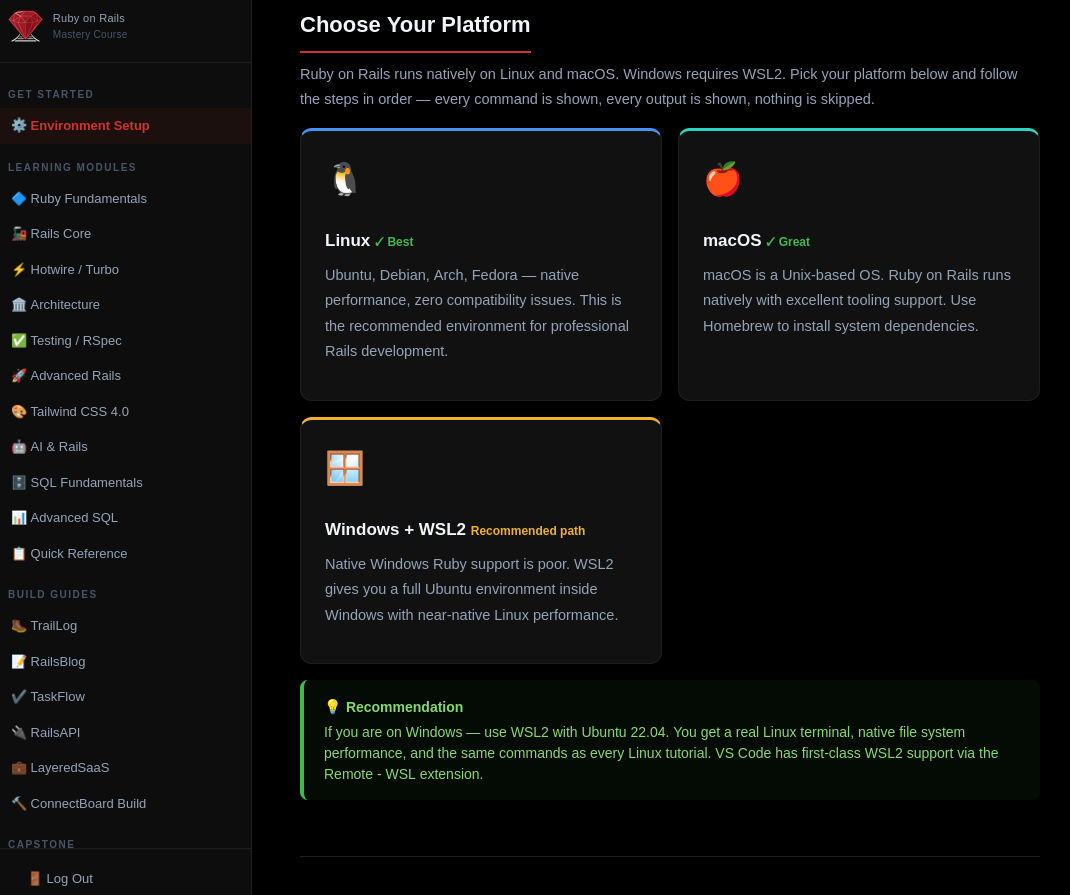 Environment Setup page showing three platform cards: Linux marked as Best, macOS marked as Great, and Windows WSL2 as Recommended path — with step-by-step installation instructions for each